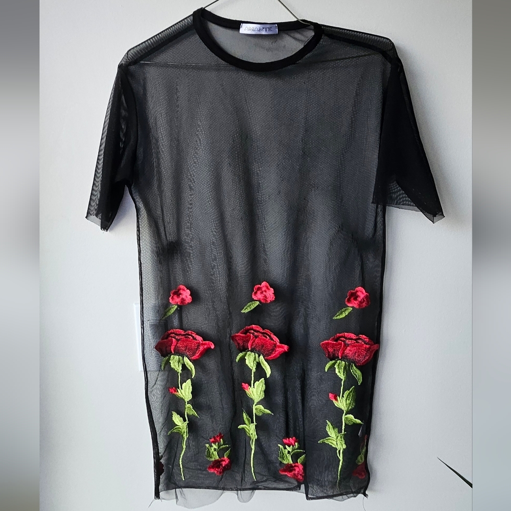 Black Mesh Dress With Embroidered Roses Size S